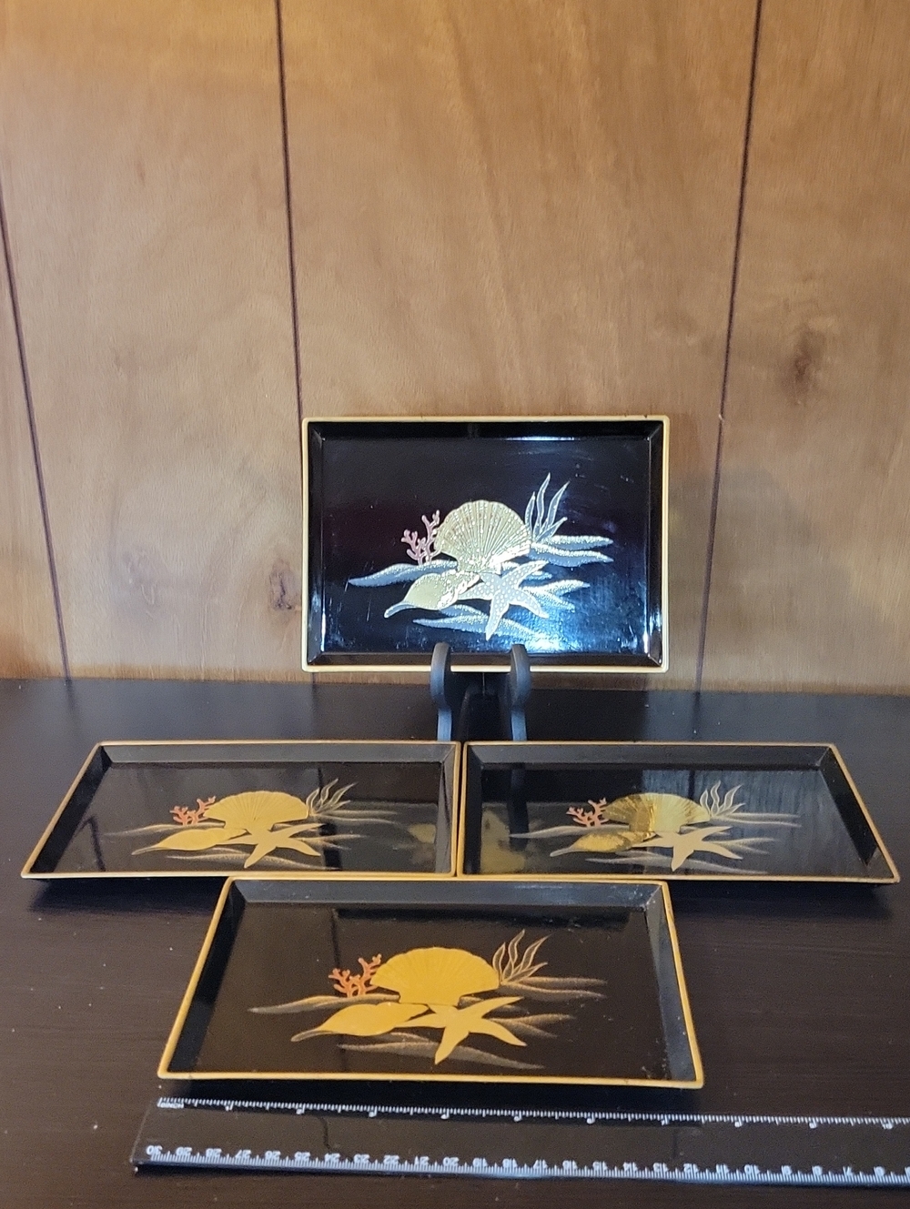 Vintage Otagiri Set of 4 Black and Gold Decorative Trays with Shell Motif